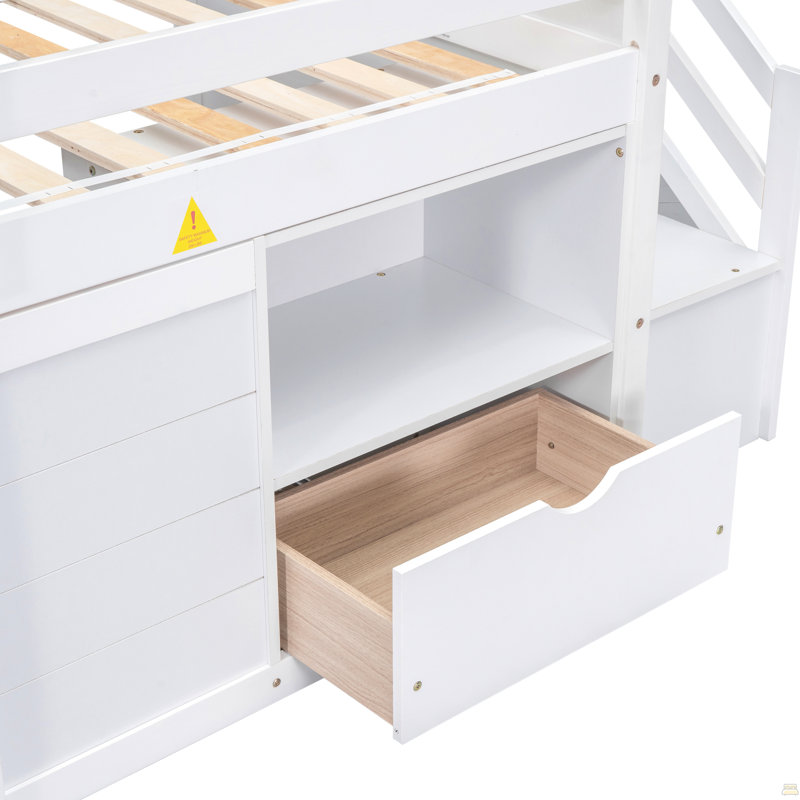 Lit simple, lit mezzanine simple en bois massif avec escalier, tiroir et tablette, White