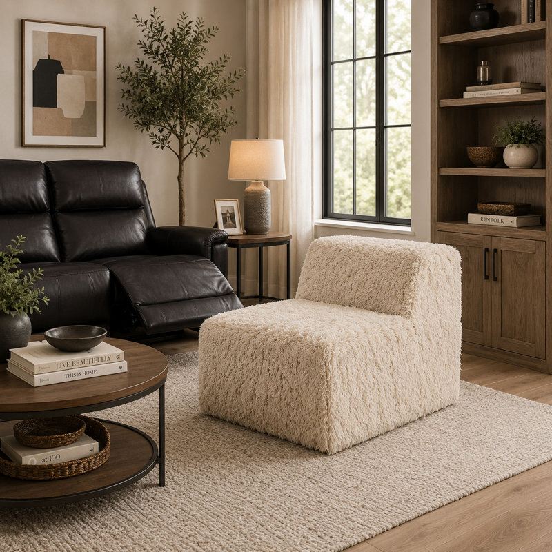 Fauteuil sans accoudoirs Appi, Sand Beige Faux Fur