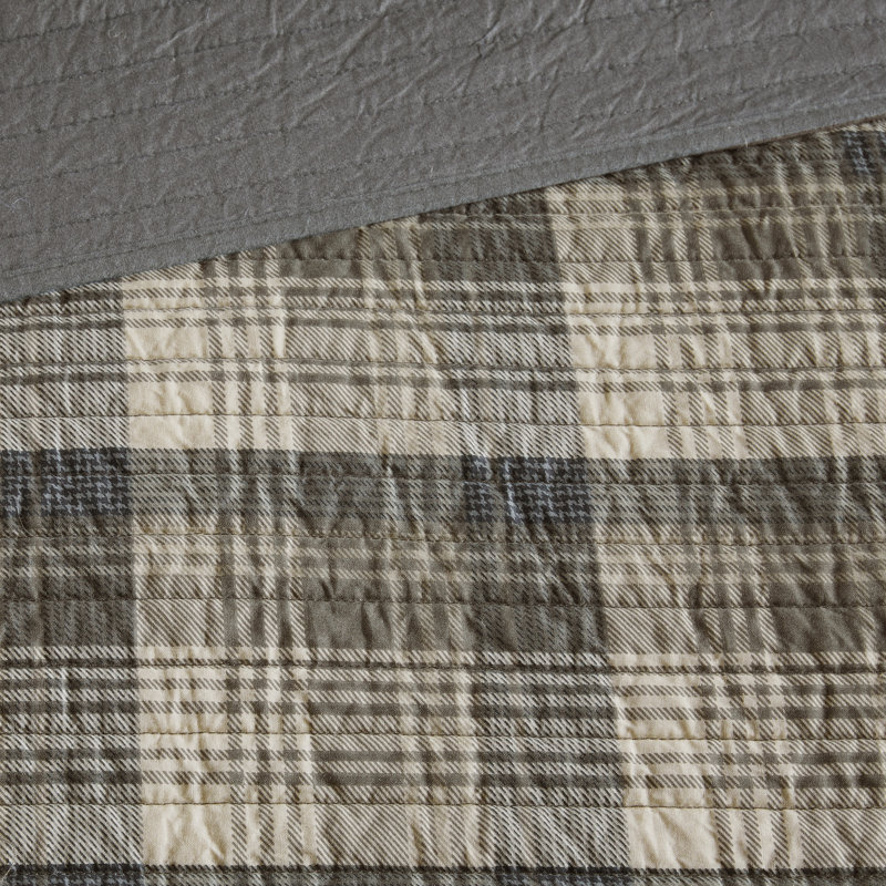 Tan and Brown Plaid Reversible Cotton Full Quilt Set