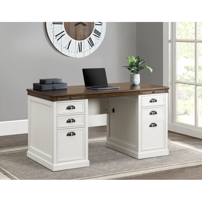 Sunjoy 58’’ Richland Double Pedestal Desk, Home Office Computer Desk Work Station with Charging Station, Four Drawers, and One Cabinet