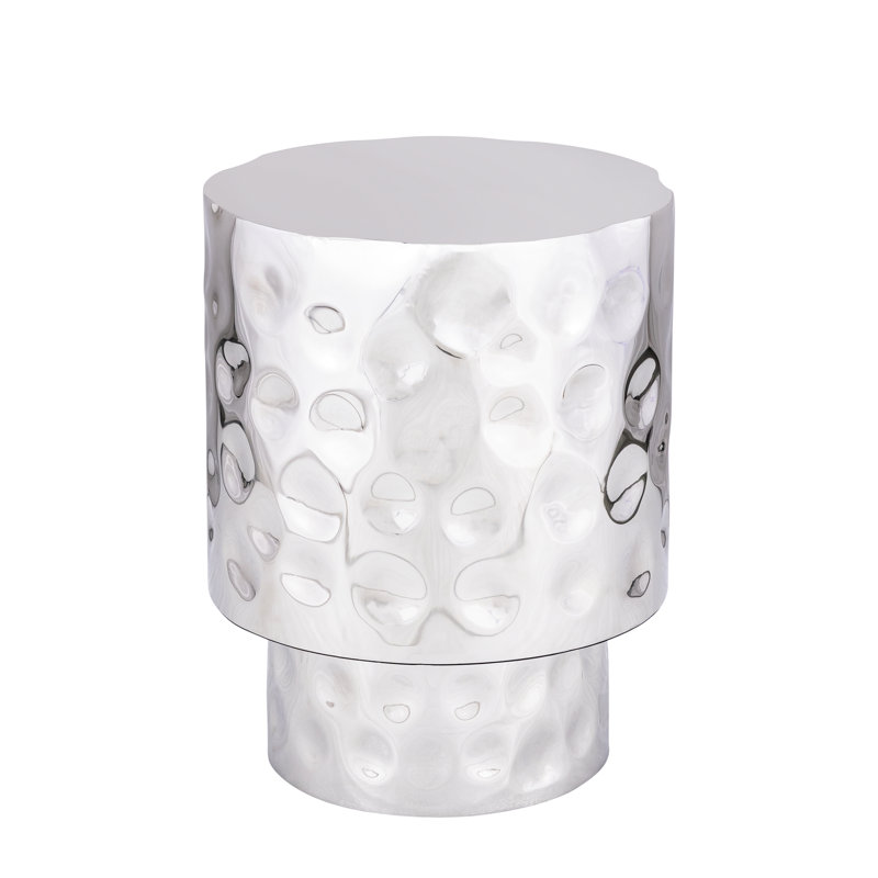 Modern Silver Round End Table, Hand - Hammered Surface, Steel Foundation, Freestanding In Primary Living Areas Stainless Core, Space