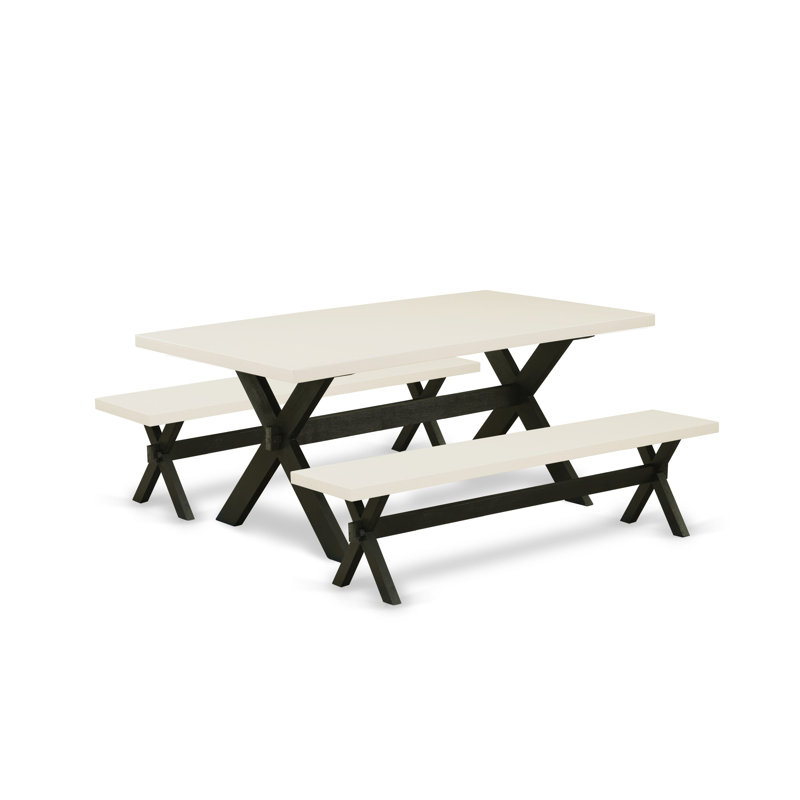 L'ensemble de meubles de salle à manger 3 pièces comprend une table de cuisine rectangulaire avec pieds en X et 2 bancs de salle à manger, finition noire brossée