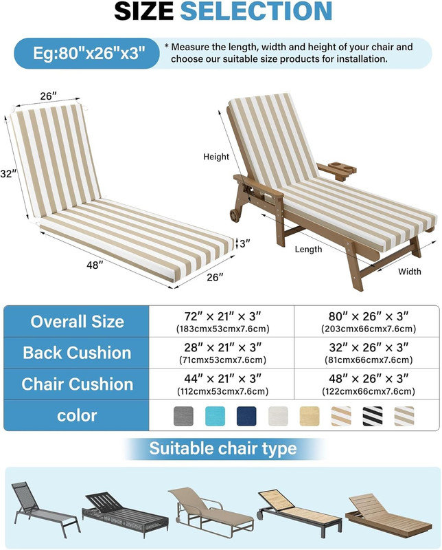 Coussin de chaise longue d'extérieur en tissu oléfine imperméable, résistant à la décoloration, 1, H 3 po x L 80 po x l 26 po