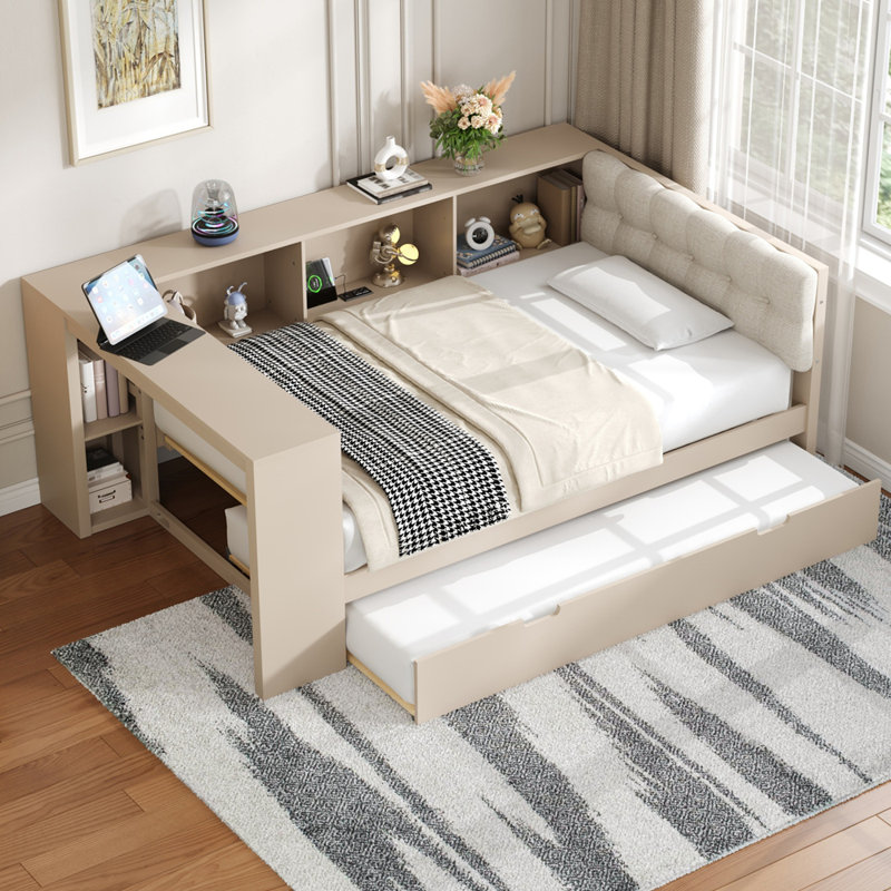 Wood Twin Size Platform Bed with Storage Shelves, Trundle, Charging Station and Upholstered Headboard, Twin, Cream