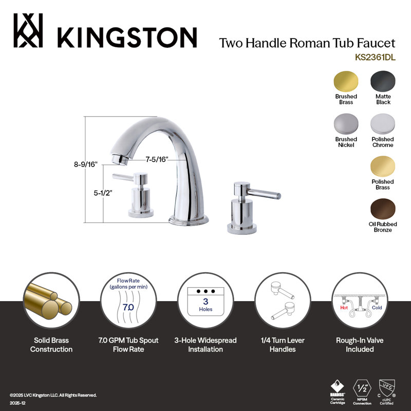 Kingston Brass Concord Two-Handle 3-Hole Deck Mount Roman Tub Faucet, Brushed Nickel