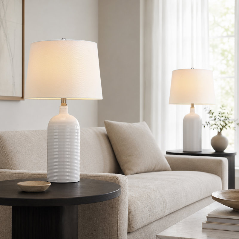 25.5in White Ribbed Ceramic Table Lamp with White Shades