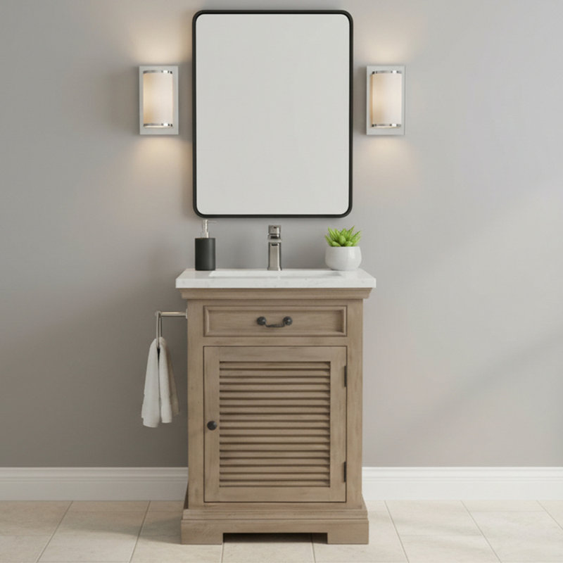 Meuble-lavabo simple 24 po au fini bois naturel et plateau en marbre blanc 24 po