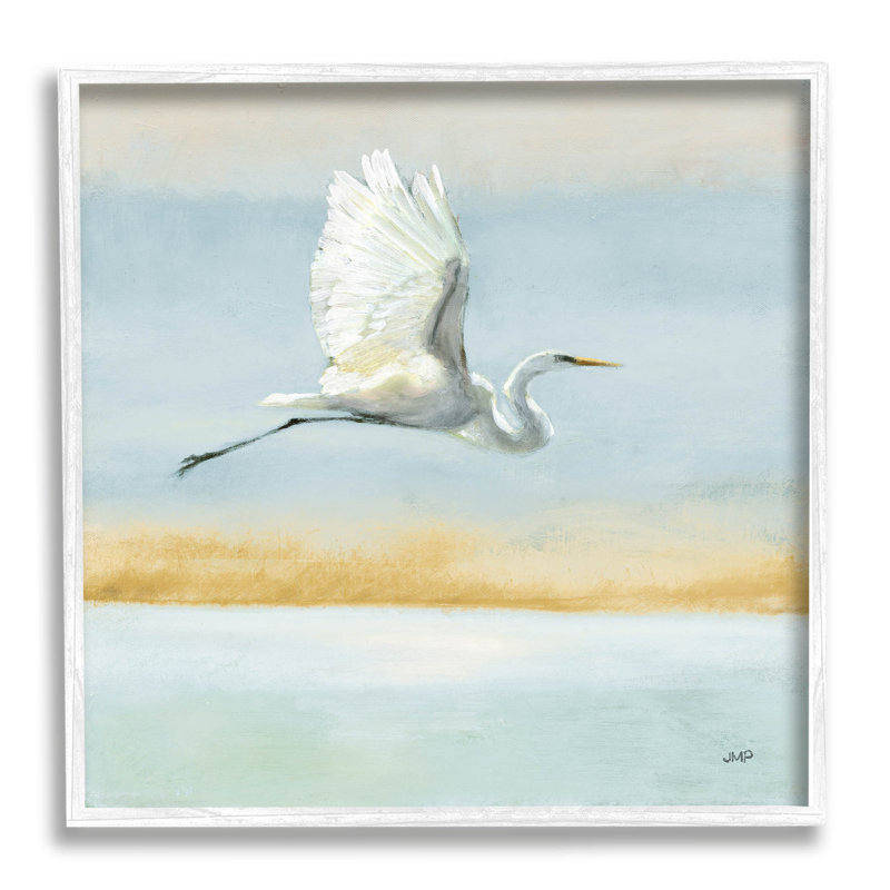 «Egret Bird Flying Ocean Breeze» par Julia Purinton - peinture sur bois, H 17 po x l 17 po x P 1,5 po