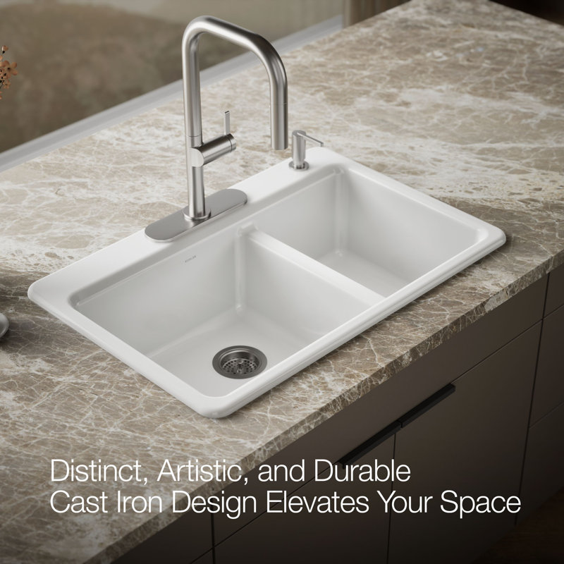 Riverby 33 In. Top-Mount Double-Bowl Kitchen Sink, 4 hole, White, Large/medium bowls
