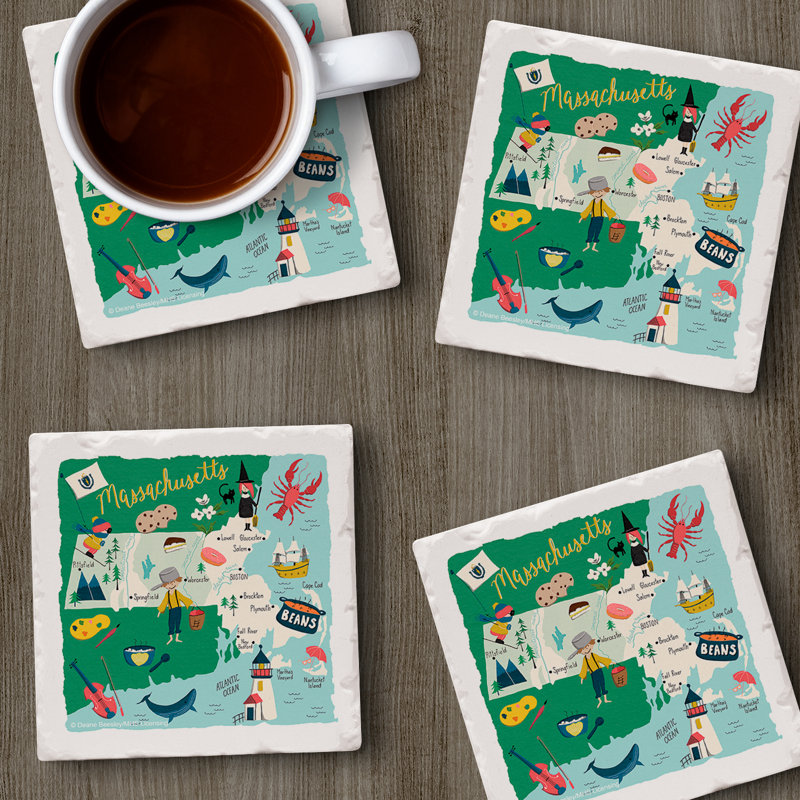 Massachusetts 4 Piece Tumbled Tile Coaster Set