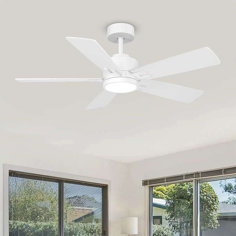 Modern White Smart Ceiling Fan With Light And 5 Wood Blades, 42" Wide
