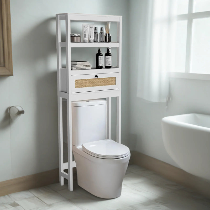 Armoire de rangement au-dessus de la toilette avec porte en rotin, organisateur de salle de bain à 3 niveaux, tablette en bois peu encombrante pour la salle de bain, la salle de lavage et les toilettes