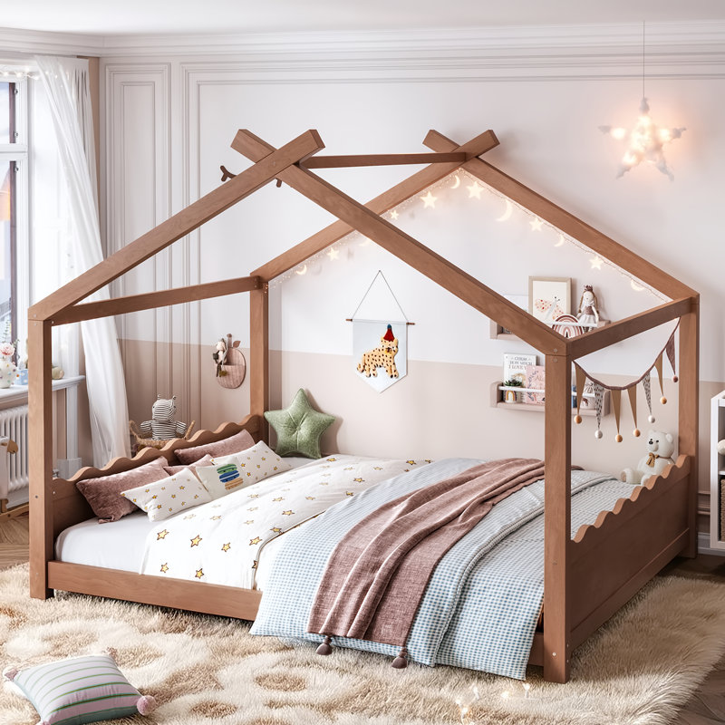Grand lit pour enfant avec lattes en bois massif, conception à profil bas Montessori, aucun sommier tapissier requis