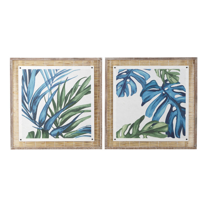 Blue and Green Abstract Leaf Wall Art with Brown Wood Frame, Set of 2