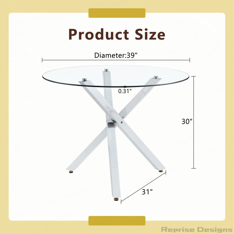 Table de salle à manger ronde en verre convenant à 2 à 4 personnes: diamètre 39 pouces, hauteur 30 pouces, structure en métal argenté en forme de X, très appropriée pour les restaurants, les cuisines et les petits espaces, élégante et pratique.