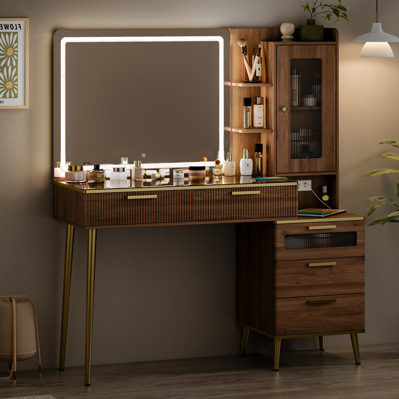 47.24" Makeup Vanity with 29.53" Lighted Mirror, 5 Drawers & Charging Station & 3 Light Modes, Brown