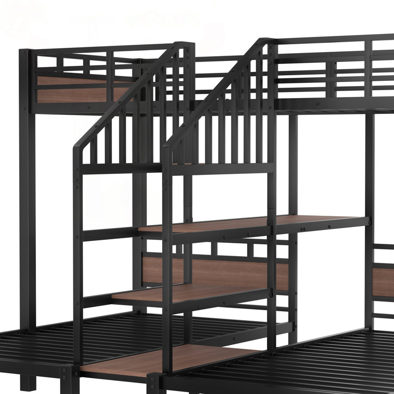 Triple lit superposé en métal avec tablettes et escaliers de rangement, idéal pour les petits espaces et les espaces pour plusieurs personnes