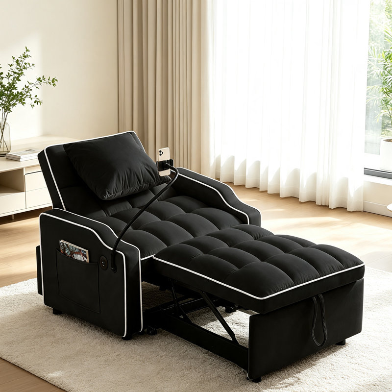 Fauteuil futon rembourré à dossier coussiné 35,43 po Harrsion, Velours noir