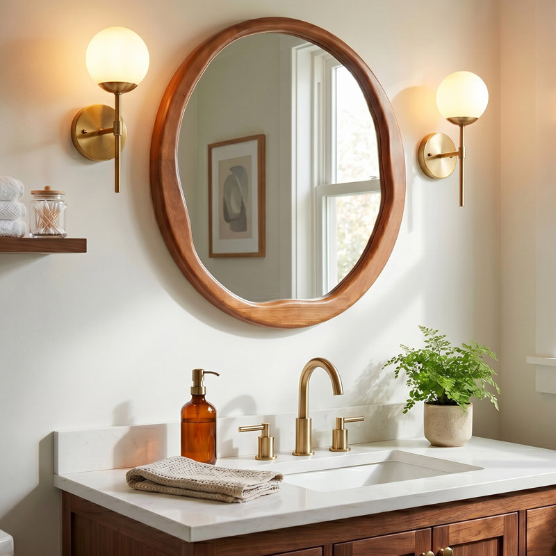 Miroir mural rond en bois massif, 24 po x 24 po, Noyer chaud