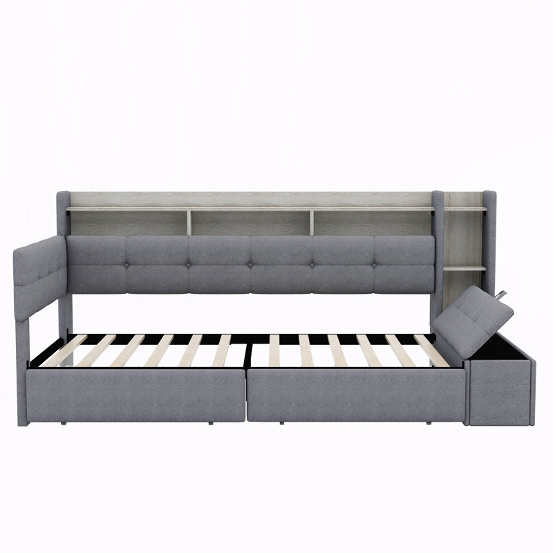 Twin Size Upholstery Daybed with Storage Footstool and Shelves,with Two Drawers, Twin, Grey