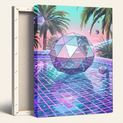 Ensemble de 1 tableau sur toile tendue représentant une scène tropicale avec une boule de cristal géométrique