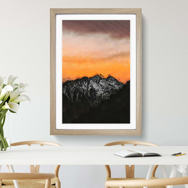 Orange Sky Above Mountains in Italy - Picture Frame Graphic Art Print, 48cm H x 36cm W x 2cm D, Oak Framed