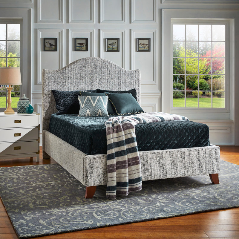 Herning Upholstered Slat Bed With Curved Headboard - Queen Size, White And Black Tweed Chenille Fabric