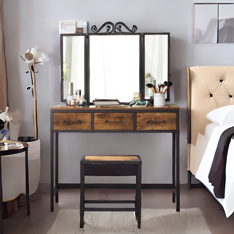 Amaelle Dressing Table with Mirror & Stool Bedroom Industrial Furniture