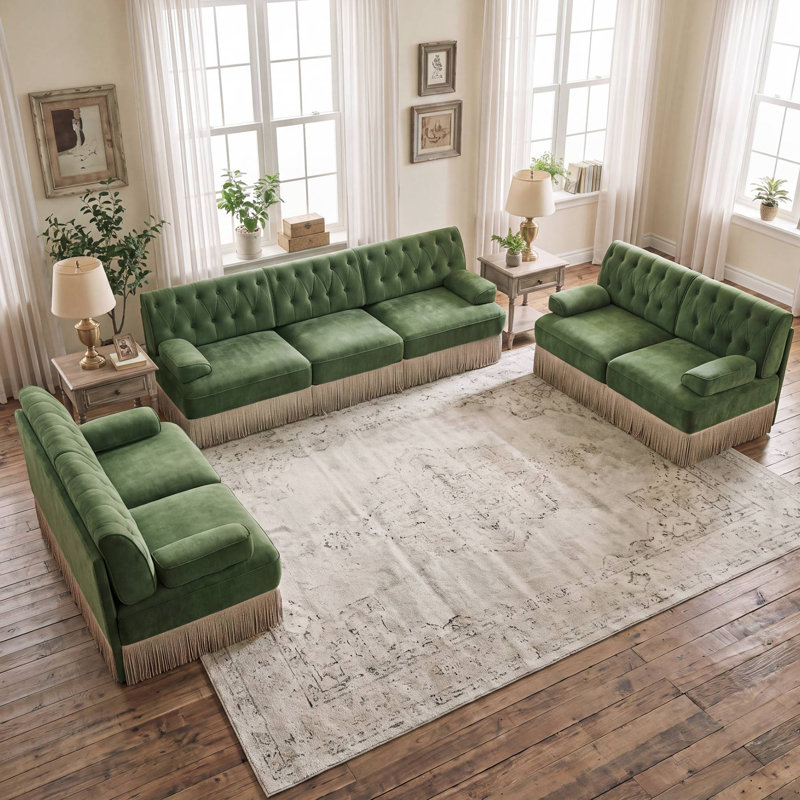 Ensemble de canapé Chesterfield 3 pièces en velours avec jupe à pompons, Green Velvet