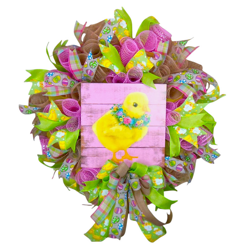 Colorful Easter Chick Wreath with Wood Sign, Premium Mesh & Bow – 24" Spring Door Decor
