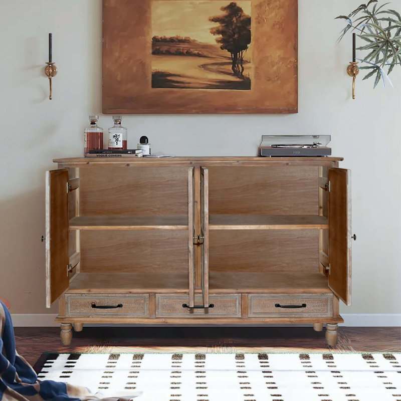 59.06" Chic Natural Wood Accent Cabinet, 4 Doord 3 Drawers Sideboard Buffet With Adjustable Shelves, Stylish Storage For Living Room, Kitchen, And Dining, Easy Assembly, Durable MDF
