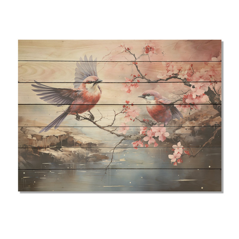 Vol de cerisier japonais en fleurs II - impression d'oiseau sur bois, H 10 po x l 20 po