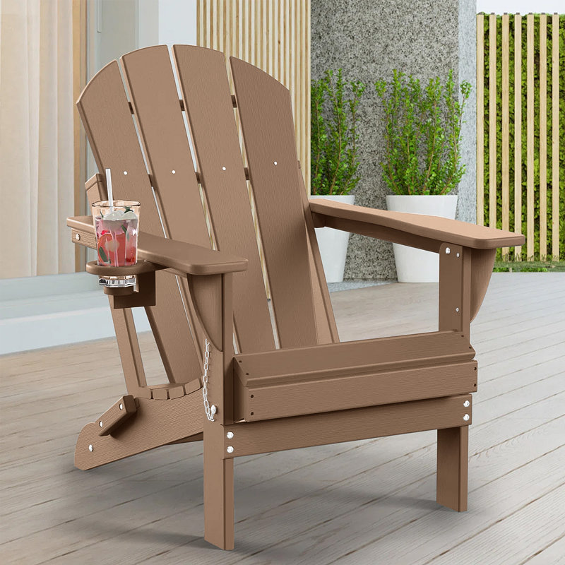 Hayfield HDPE Outdoor Foldable Adirondack Chair with Cup Holder Weather-Resistant , Teak