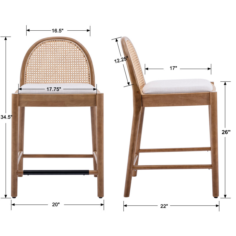 Beige Wood Counter Stools with Rattan Backrests, Set of 2