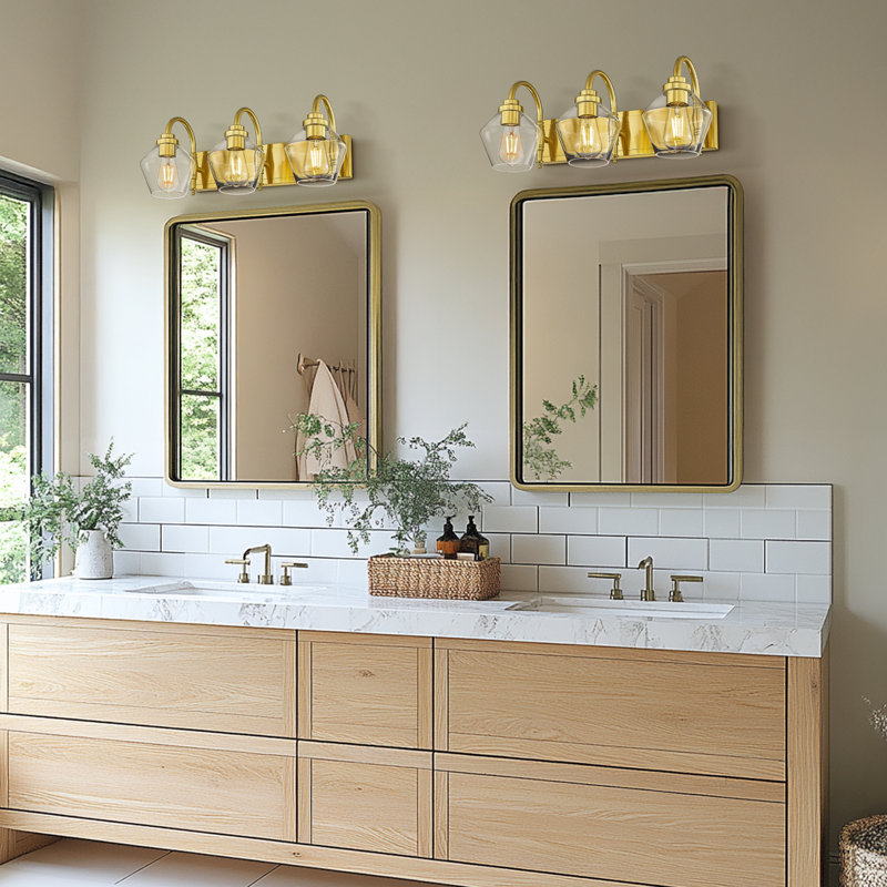 Meuble-lavabo à 3 lumières en verre clair de style campagne clair, or brossé, H 10,6 po x l 23,2 po x P 10,23 po, 3 Lights