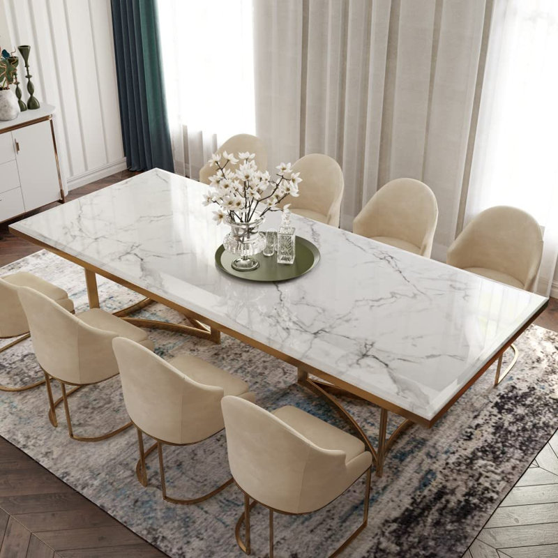 Modern White Faux Marble Dining Table with Double Pedestals Base Pre-Assembly, 29.53"H x 90.55"L x 39.37"W
