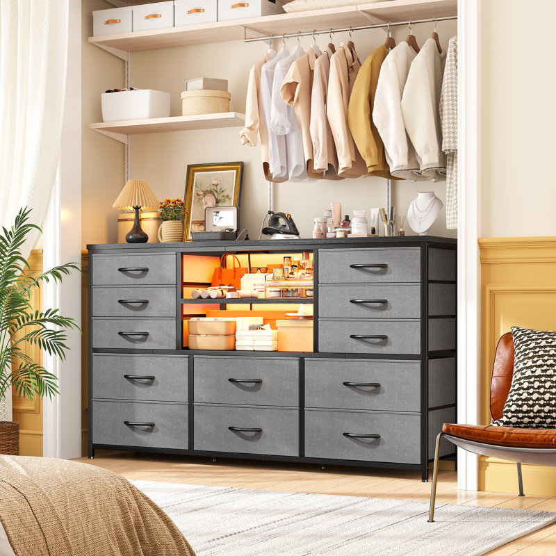 Dresser For Bedroom With Power Outlets And Led Lights, Fabric Drawers TV Stand Dressers With 2 Tire Shelves, Gray