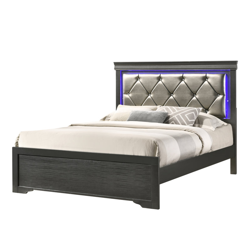 Grand lit en bois gris avec accents modernes à DEL et stabilité de la tête de lit tapissier confortable, Gris