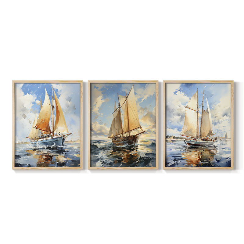Série Sea and Shore Lxxi -Set de 3 estampes numériques giclées -Prêt à accrocher, Encadré naturel, H 14 po x l 11 po