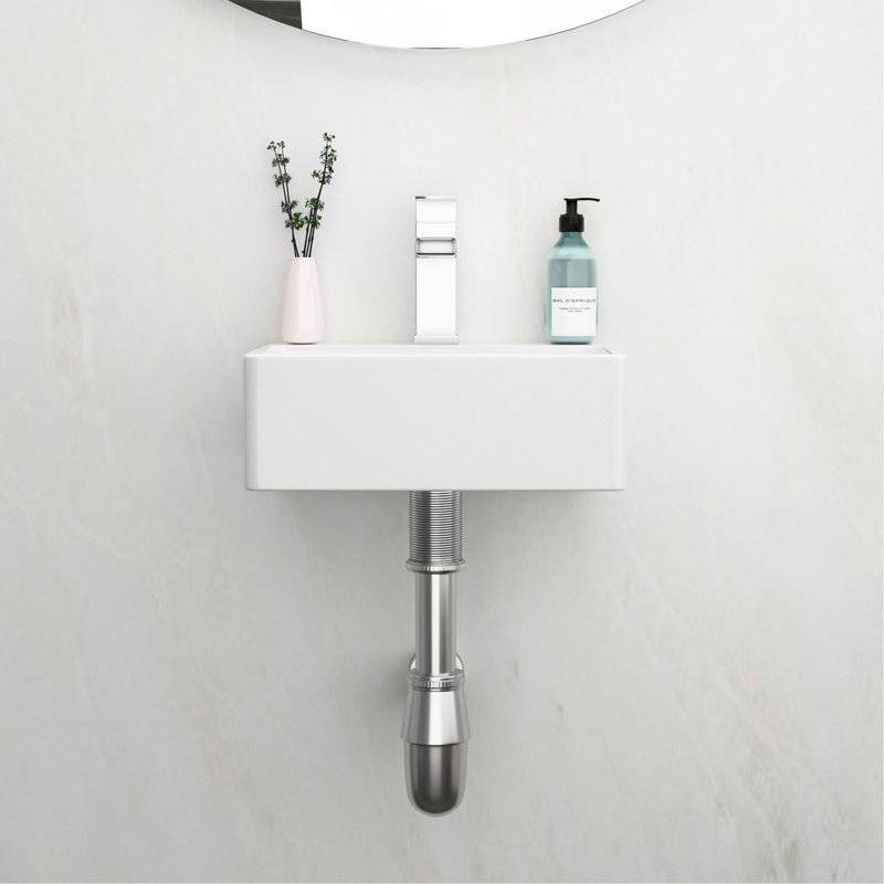 Lavabo de salle de bain mural rectangulaire en céramique 13,6 ", lavabo vasque flottant moderne avec trou de robinet simple pour petits espaces