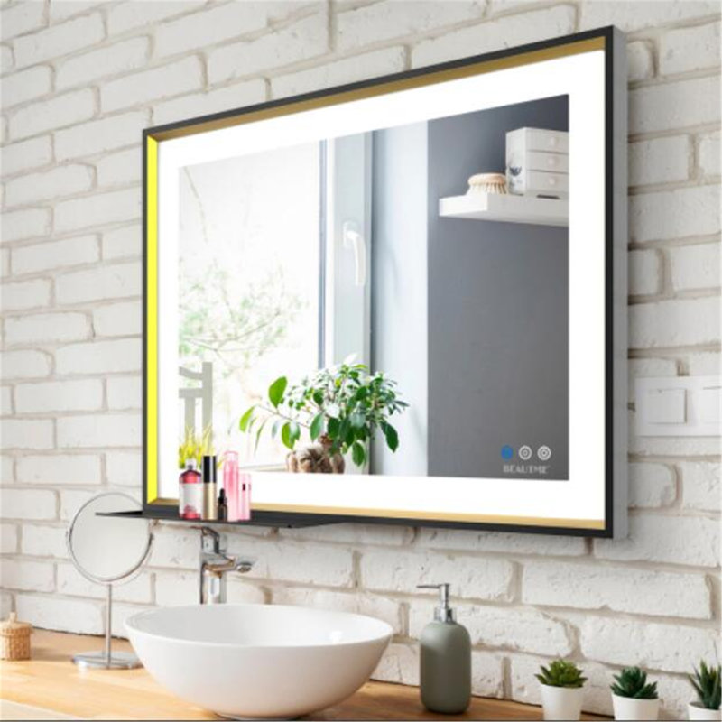 Metal Flat Wall Mirror with Shelves, Black/Gold, 24" x 32"