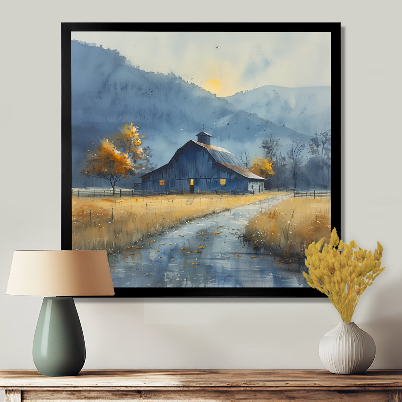 «Yellow Autumn Barn Golden Hour II - Barn Wall Art Living Room», Toile encadrée noire simple, H 36 po x l 36 po x P 1,5 po