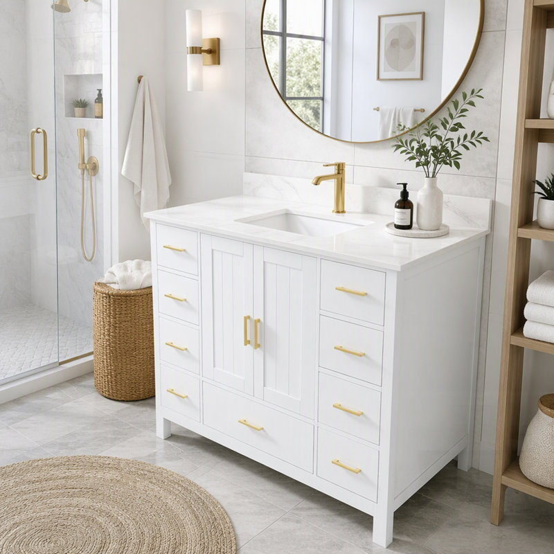 Meuble-lavabo moderne en bois massif avec plateau en quartz de Carrare, portes à fermeture douce et tiroirs spacieux pour un rangement élégant
