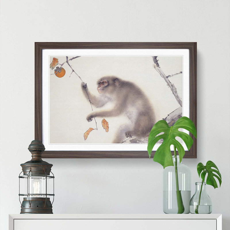 A Monkey by Kansetsu Hashimoto - Framed Print, 33cm H x 45cm W x 2cm D, Walnut Framed