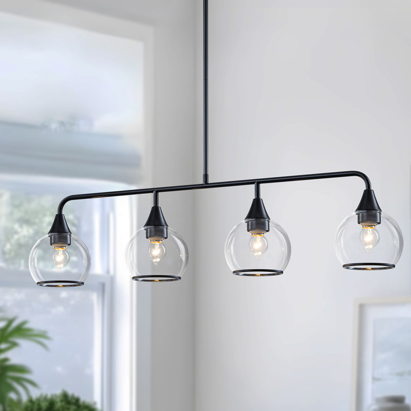 4-light Linear Clear Glass Globe Kitchen Island Pendant, Matte Black