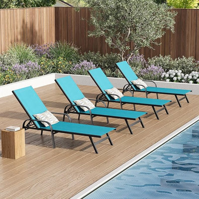 Set of 4 Adjustable Outdoor Lounge Reclining Chairs with 5-Position Backrest, Curved Armrests, Weatherproof Textilene & Rustproof Metal Frame for Poolside, Garden and Balcony, Blue