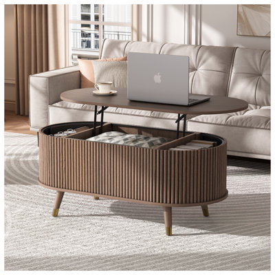 Oval Coffee Table With Lifting Top,42.5” Fluted Center Table With Hidden Compartment & Solid Wood Legs,mid Century Modern Accent Coffee Tables For Living Room,apartment
