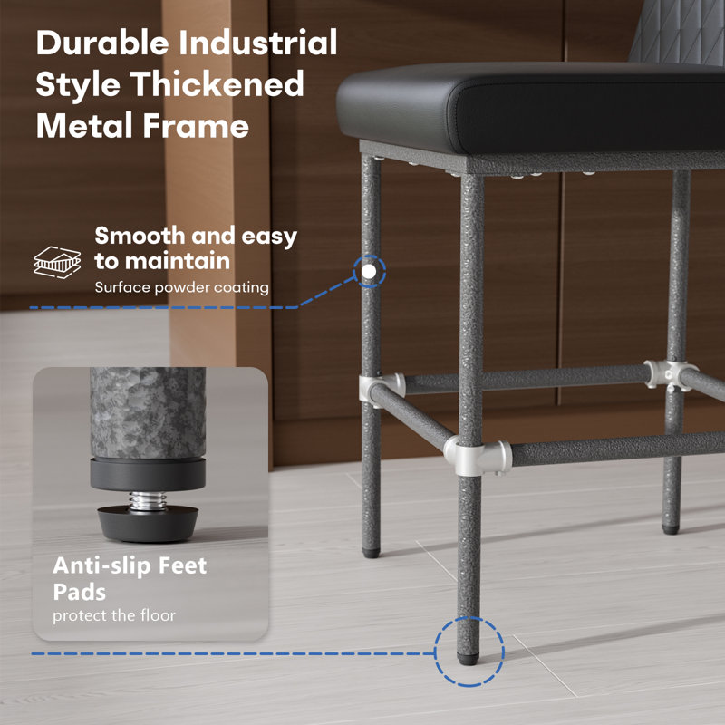 Ensemble de tabourets de bar à hauteur de comptoir de 6 po, tabourets de bar industriels de 26 po avec dossier, tabourets de bar en cuir noir avec assise rembourrée et structure en métal peint pour îlot de cuisine