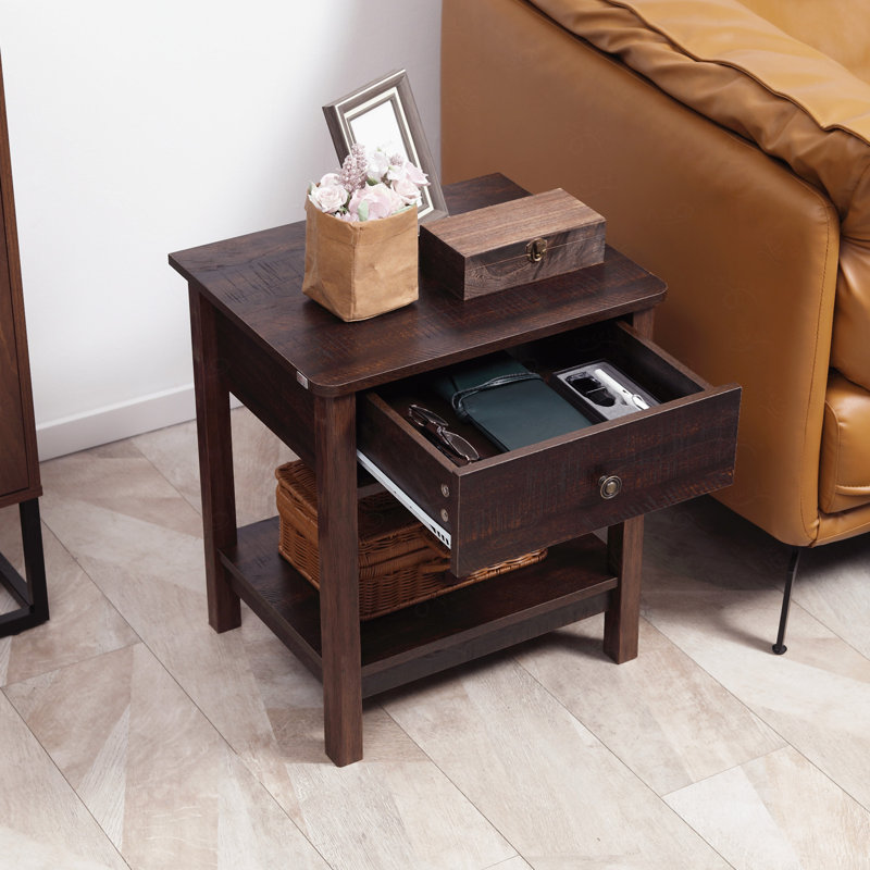 End Table with Drawer, Side Table with Top and Bottom Shelf for Small Spaces