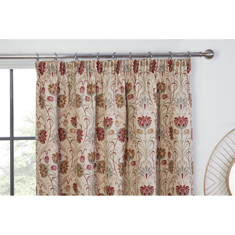 Aylesbury Fully Lined Ready Made Floral Pencil Pleat Curtains Natural, 90"W x 90"L